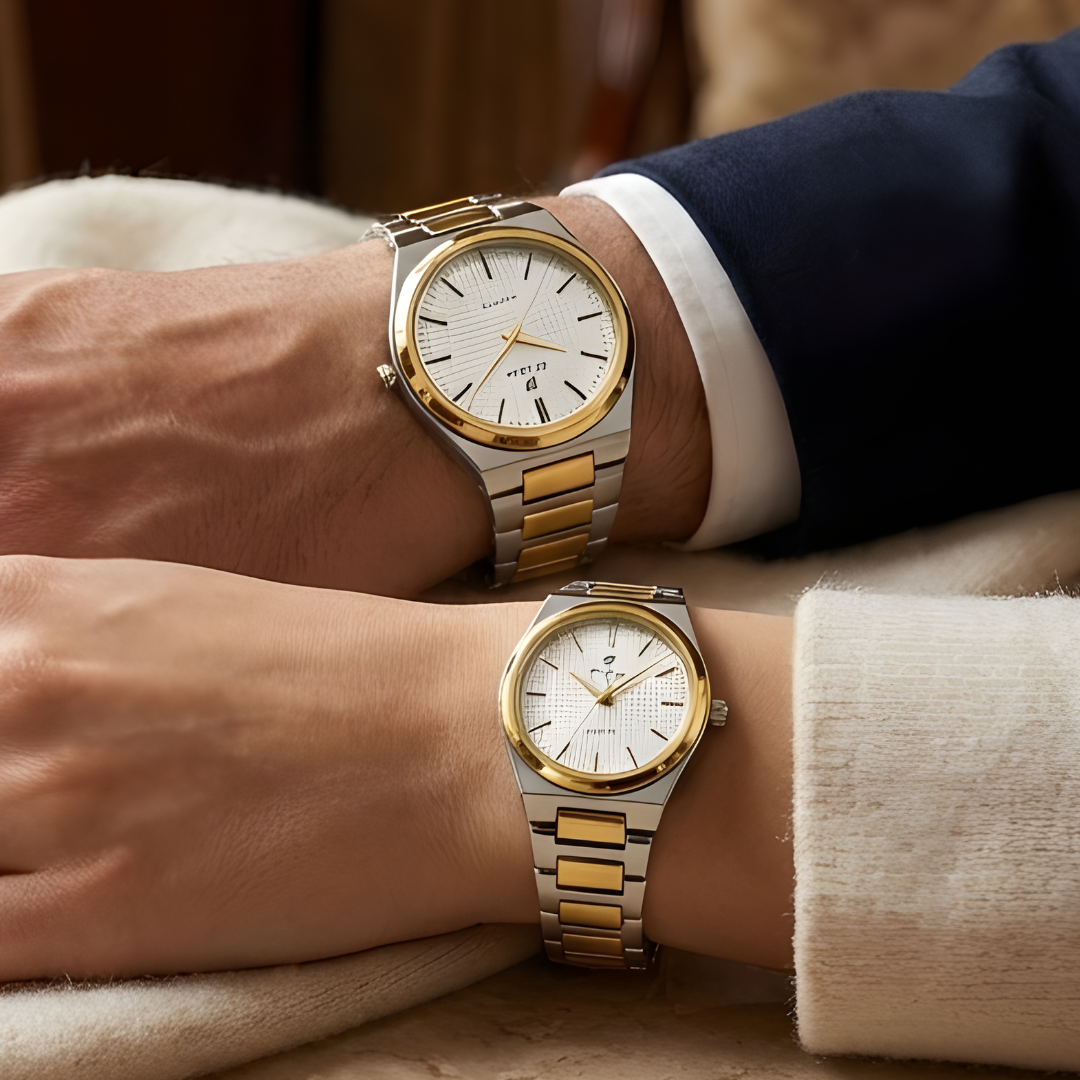 Matchora Couple Watch Set – Silver & Gold Steel Chain | Quartz Movement