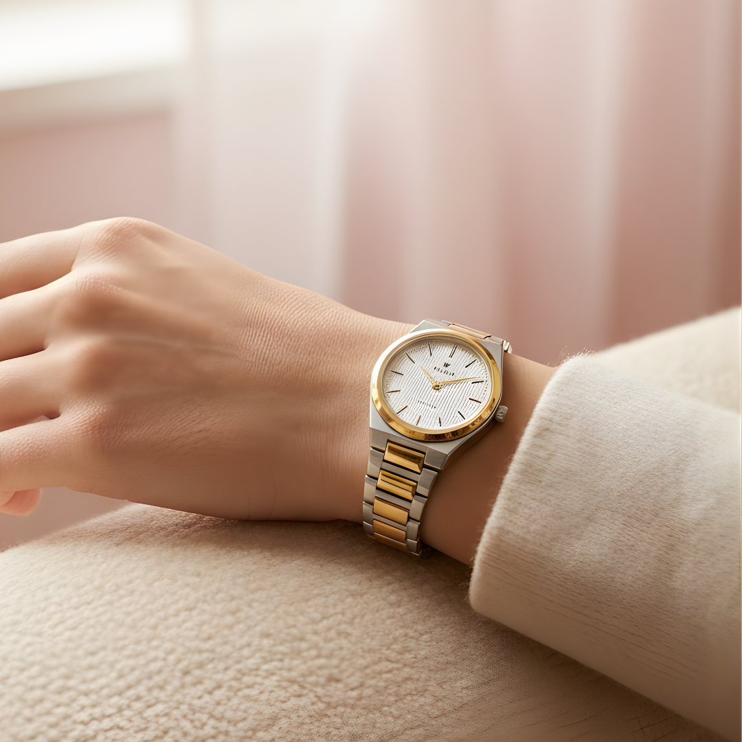 Matchora Couple Watch Set – Silver & Gold Steel Chain | Quartz Movement