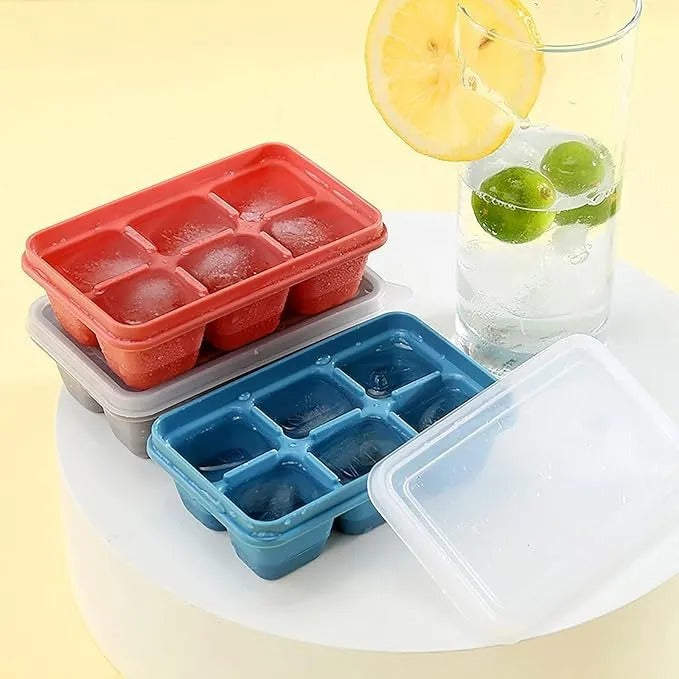6-Grid Silicone Ice Cube Trays with Lids – Reusable Freezer Molds
