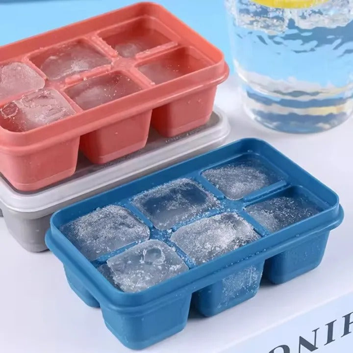 6-Grid Silicone Ice Cube Trays with Lids – Reusable Freezer Molds