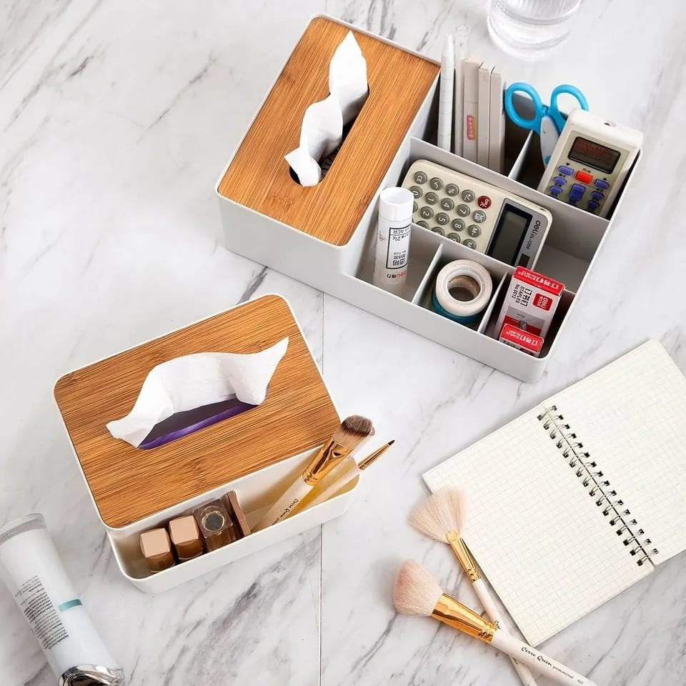 Tissue Box Holder – Wood-Topped Multi-Sectional