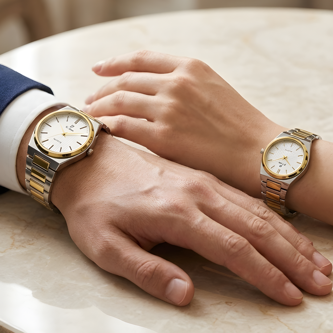 Matchora Couple Watch Set – Silver & Gold Steel Chain | Quartz Movement