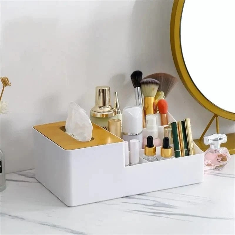 Tissue Box Holder – Wood-Topped Multi-Sectional