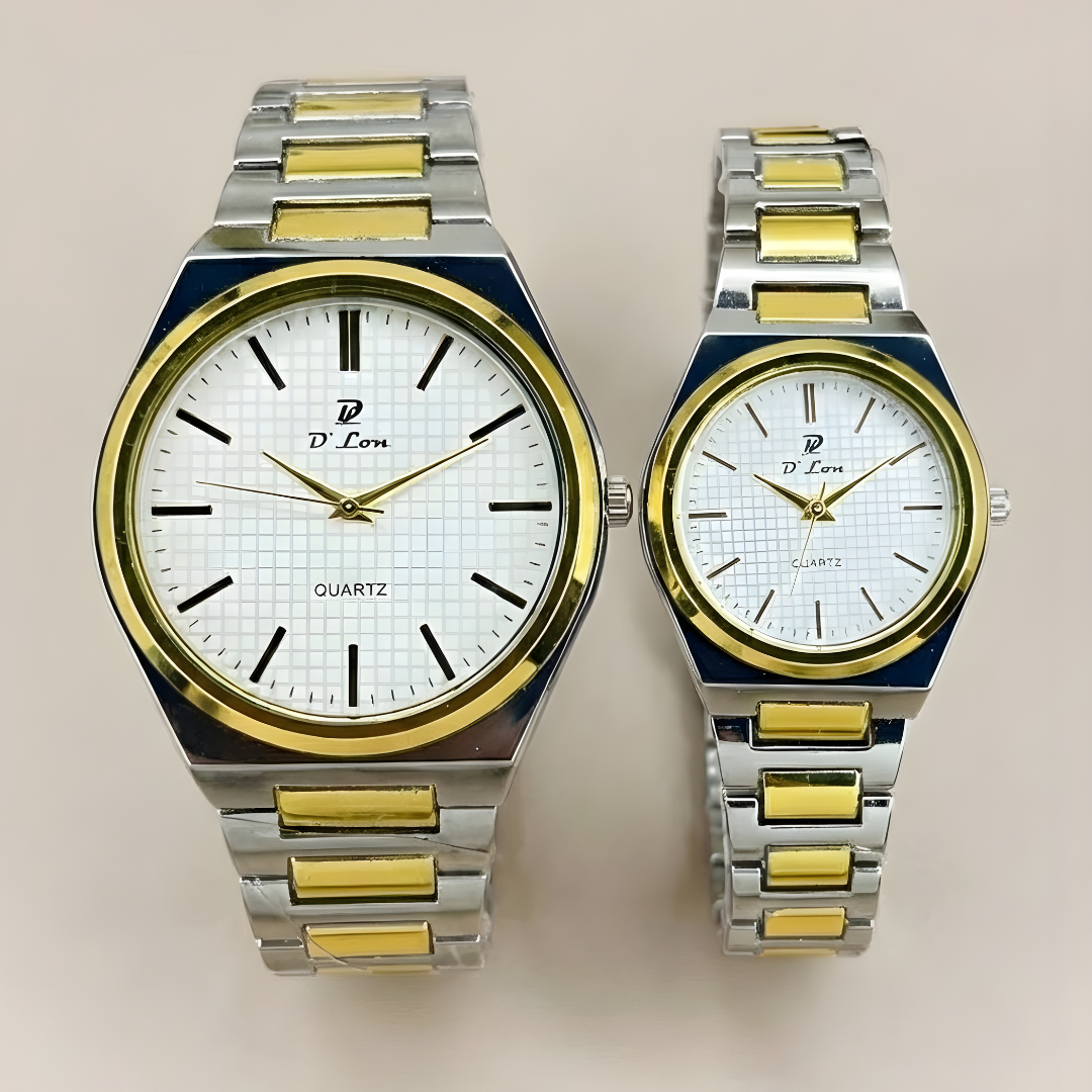 Matchora Couple Watch Set – Silver & Gold Steel Chain | Quartz Movement