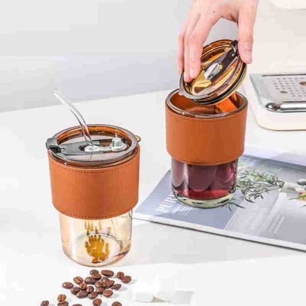 450ml Glass Coffee Tumbler with Straw – Reusable Drink Cup