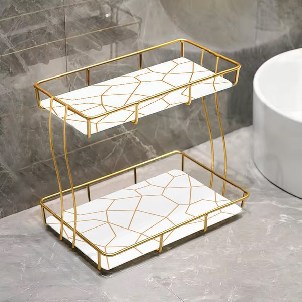 Golden 2-Tier Vanity Stand – Makeup & Jewelry Organizer