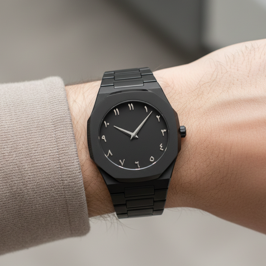 Arabic Aura Black Dial Watch – Minimalist Stainless Steel Timepiece