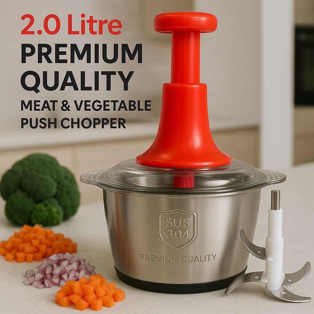 2L Stainless Steel Manual Food Chopper | Hand Push Vegetable, Fruit & Nut Cutter