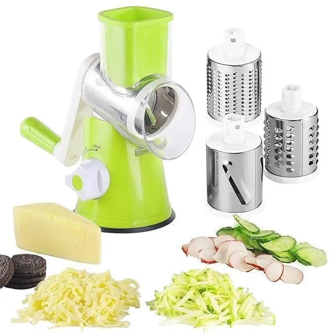 3-in-1 Rotary Vegetable Cutter – Drum Slicer, Cheese Grater & Peeler