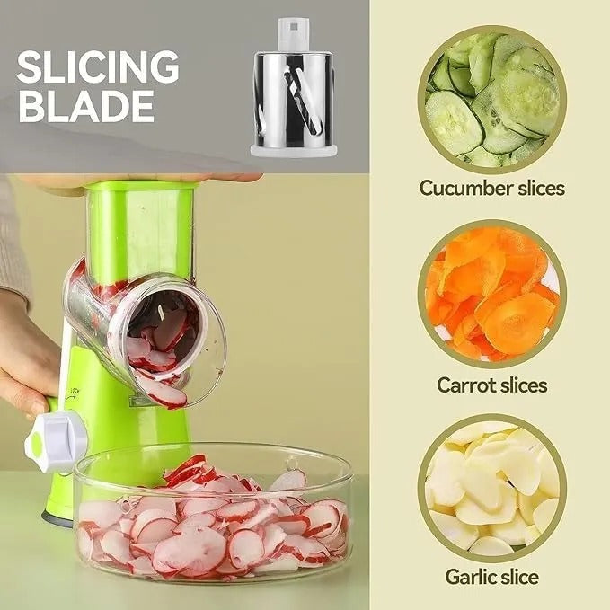 3-in-1 Rotary Vegetable Cutter – Drum Slicer, Cheese Grater & Peeler