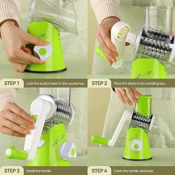 3-in-1 Rotary Vegetable Cutter – Drum Slicer, Cheese Grater & Peeler