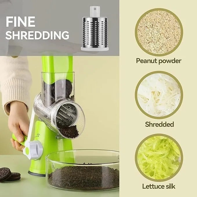 3-in-1 Rotary Vegetable Cutter – Drum Slicer, Cheese Grater & Peeler