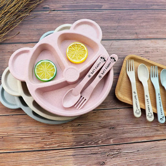 5pcs Bear Plate Set with Spoon – Wheat Straw Kids Dinnerware
