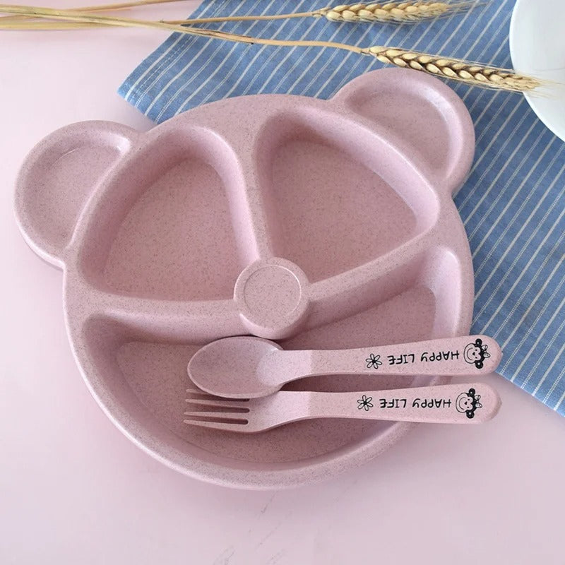 5pcs Bear Plate Set with Spoon – Wheat Straw Kids Dinnerware