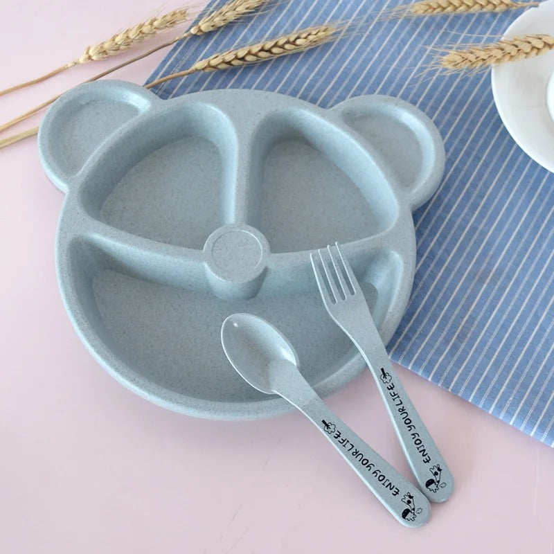 5pcs Bear Plate Set with Spoon – Wheat Straw Kids Dinnerware