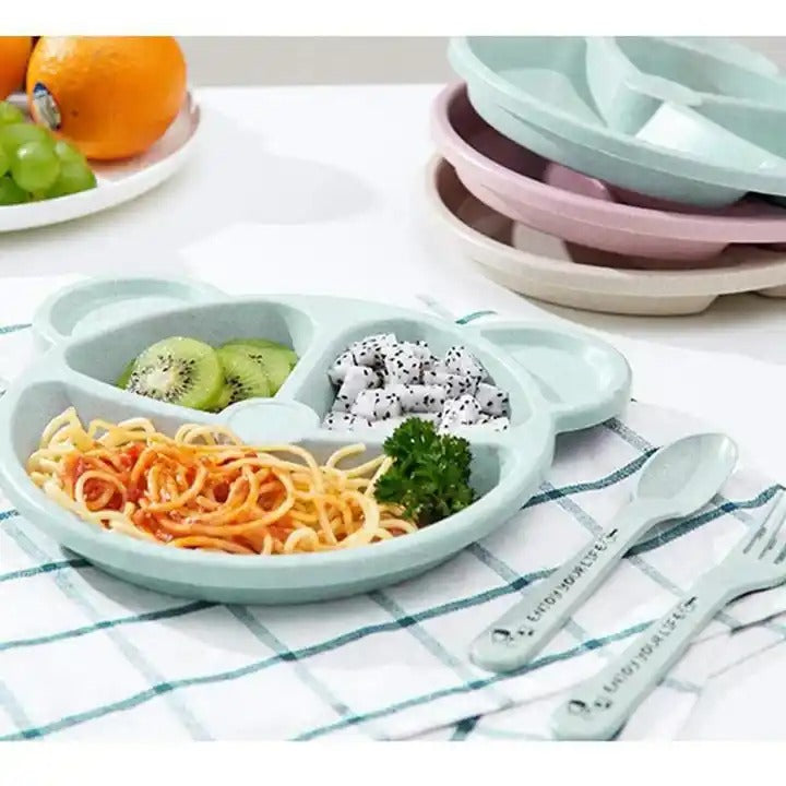 5pcs Bear Plate Set with Spoon – Wheat Straw Kids Dinnerware