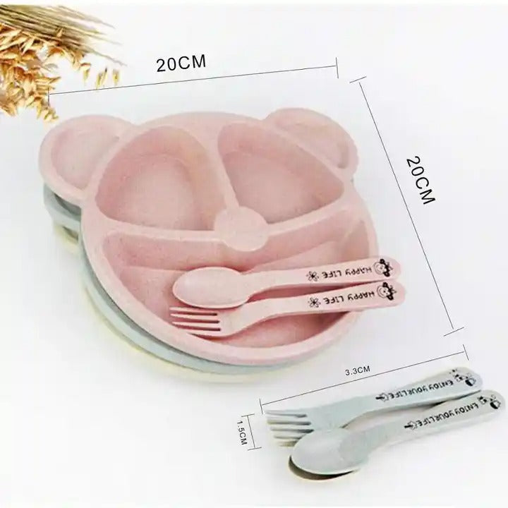 5pcs Bear Plate Set with Spoon – Wheat Straw Kids Dinnerware