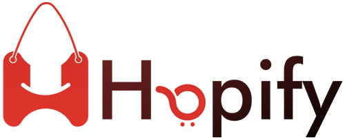 Logo of Hopify with a red shopping bag icon on a white background