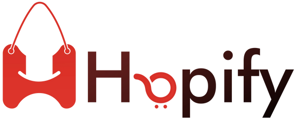 Logo of Hopify with a red shopping bag icon on a white background